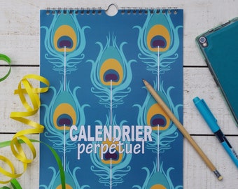 perpetual calendar in french with peacock pattern, Birthday calendar, blue