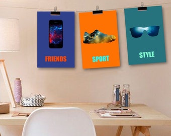 3 posters in colors, teenager wall decor, boy wall art, boy room decor, trend