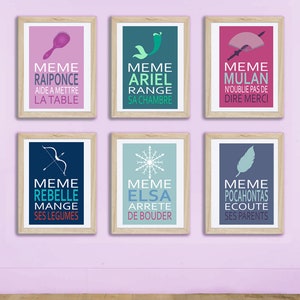 6 pósteres divertidos de princesas A4 (Ariel, Elsa, Rapunzel) – Decoración para dormitorios de niñas – Mensajes positivos para niños – Sin marco