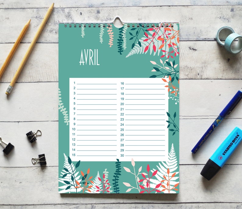 May include: A wall calendar page for the month of April featuring a teal background with white and orange botanical illustrations of ferns and leaves. The center contains a white rectangular grid with lines numbered 1 through 30 for planning.