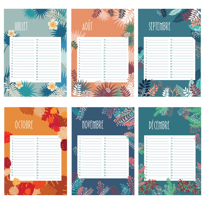 May include: A set of six monthly calendar pages for July, August, September, October, November, and December. Each page features a white grid with numbered lines for dates and is decorated with colorful botanical illustrations of leaves and flowers.