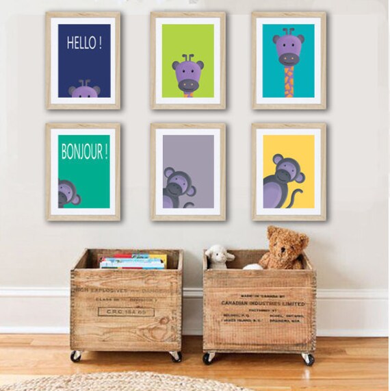 6 Affiches Enfant avec Girafe et Singe, Décoration Chambre Bébé, Animaux