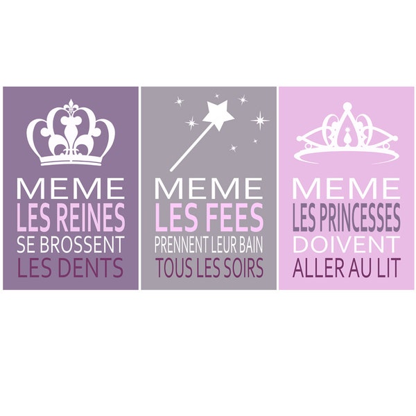 3 affiches pour fille, princesse, fée, reine, humour, conseil enfant