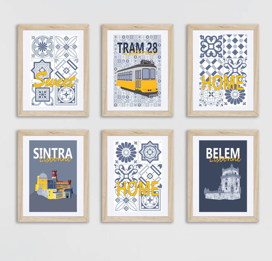 6 Affiches sur Lisbonne et Motif Azulejos, Carreau de Ciment, Portugal, Affiche Bleue, Sintra, Belem