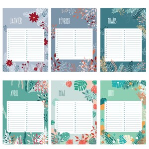 May include: Six monthly calendar pages labeled Janvier, F&eacute;vrier, Mars, Avril, Mai, and Juin. Each page features a white rectangular area with numbered lines for dates, surrounded by colorful botanical illustrations of leaves, flowers, and berries.