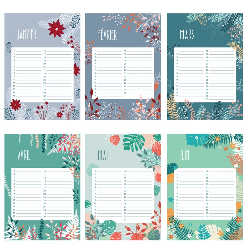 May include: Six monthly calendar pages labeled Janvier, F&eacute;vrier, Mars, Avril, Mai, and Juin. Each page features a white rectangular area with numbered lines for dates, surrounded by colorful botanical illustrations of leaves, flowers, and berries.