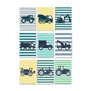 9 carteles de vehículos de construcción, camiones y tractores, decoración de dormitorio infantil - patrón de rayas
