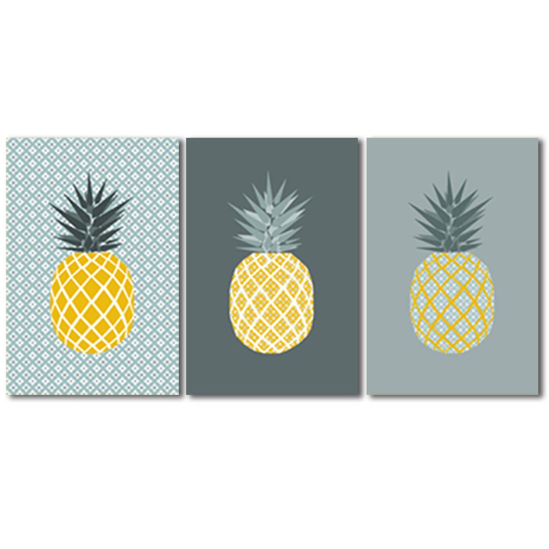 3 Affiches Ananas Gris Jaune, Style Scandinave
