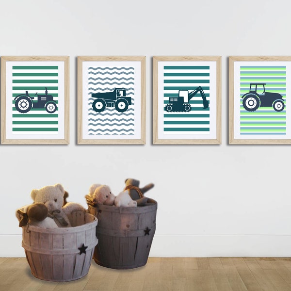 4 affiches tracteurs et engins de chantier pour enfant, rayé, décoration chambre garçon