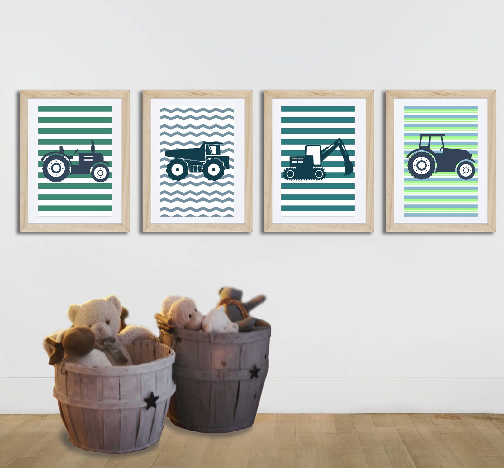 4 Affiches Tracteurs et Engins de Chantier Pour Enfant, Rayé, Décoration Chambre Garçon