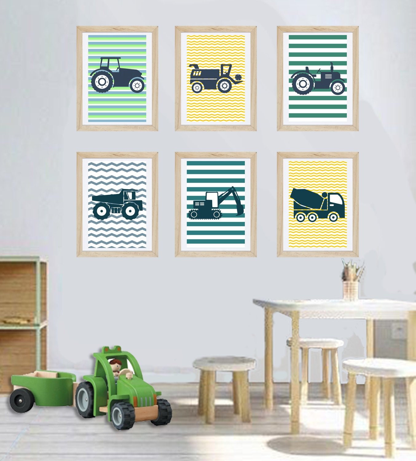 6 Affiches Tracteurs et Engins de Chantier Pour Enfant, Rayé, Décoration Garçon, Chambre Cadeau Garç