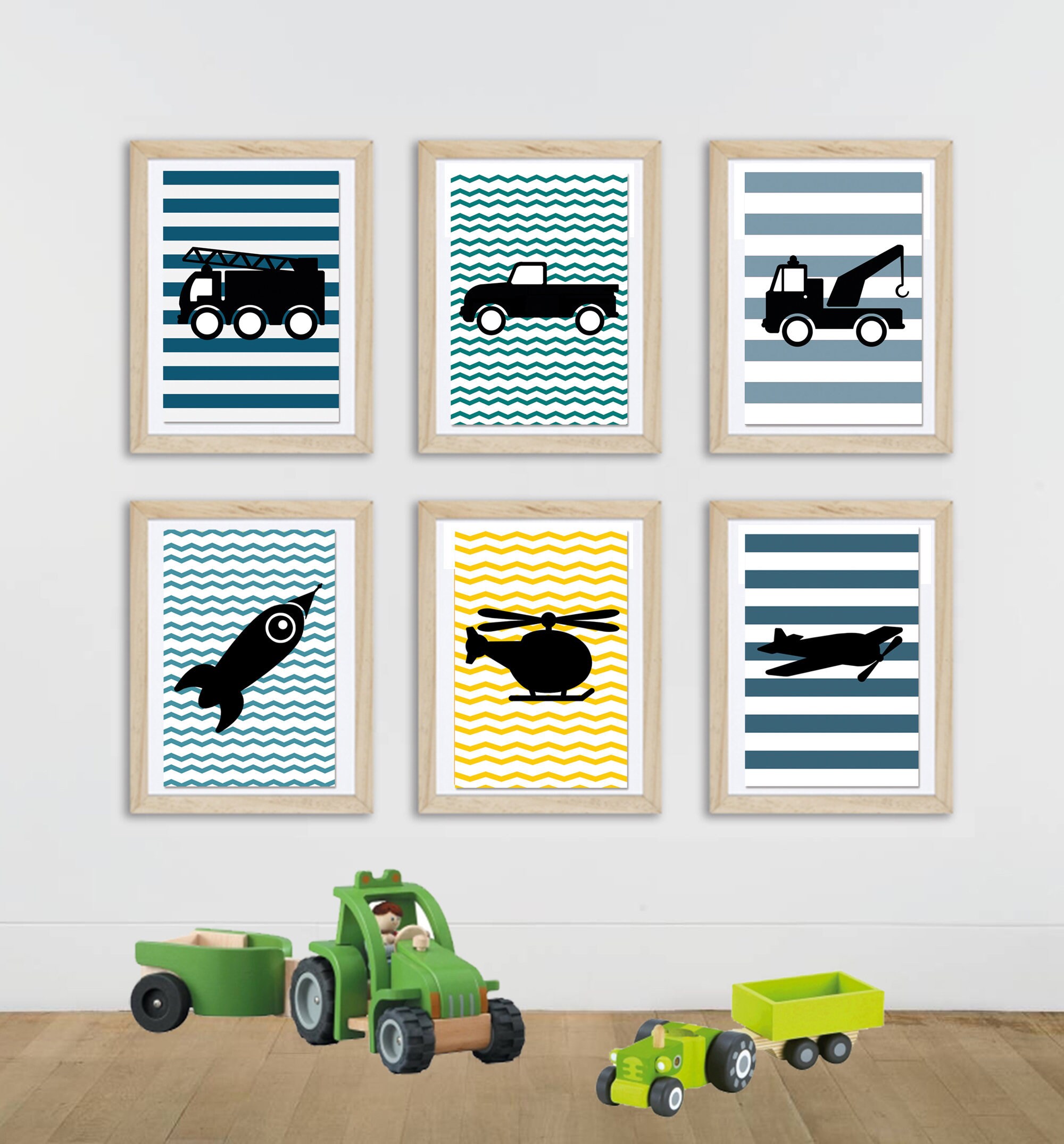 6 Affiches Enfants avec Camions, Hélico, Avion, Dépanneuse Pour Garçon, Décoration Chambre d'enfant