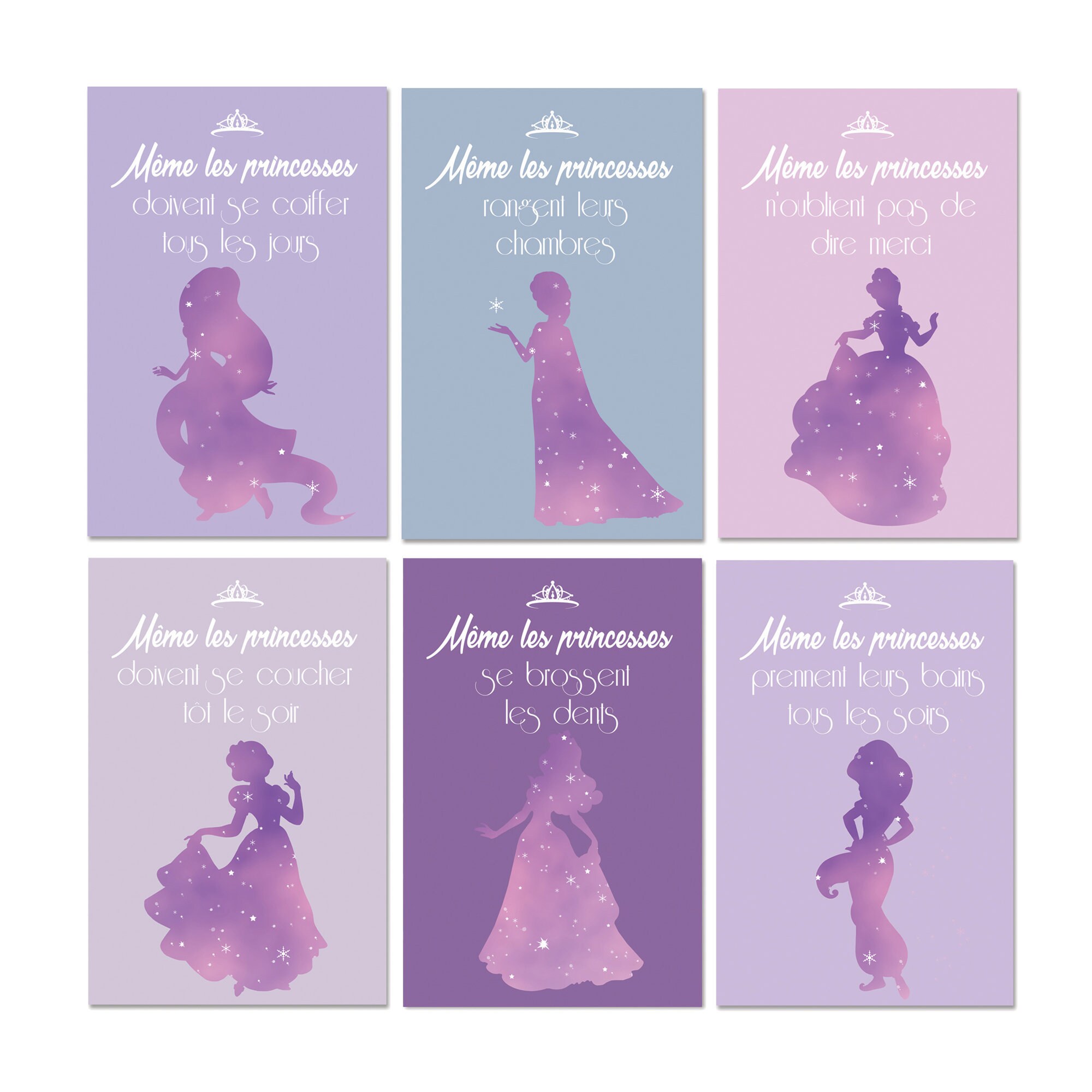 6 Affiches Même Les Princesses, Décoration Fille, Citation en Français, Humour et Conseil