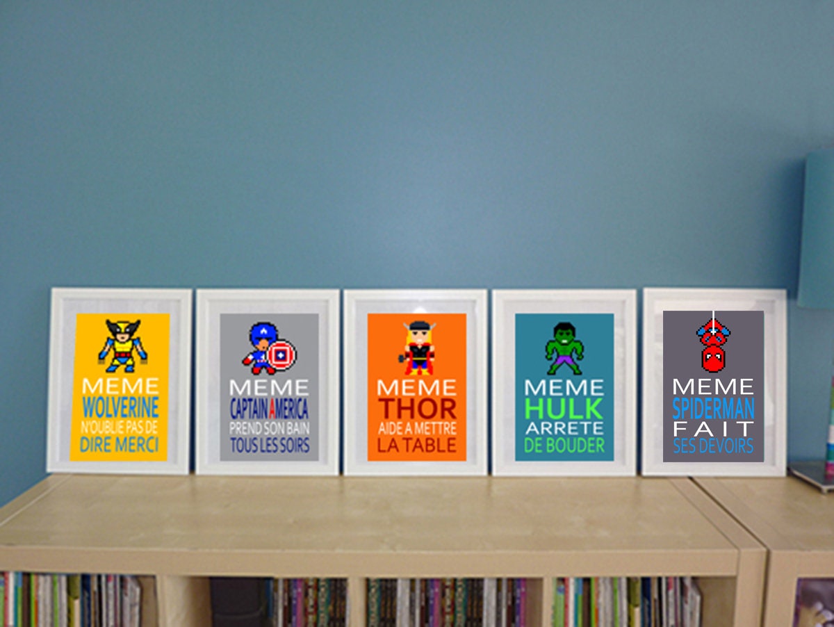 5 Affiches Superhéros et Citation Humoristique Pour Décoration Chambre Enfant ou Salle de Bain, en F