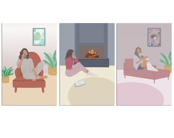 3 affiches femme cocooning, 20 x 30 cm, poster minimaliste