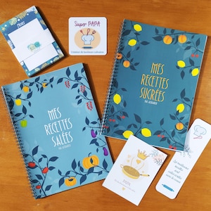 Fête des Pères, cadeau pour Papa, Duo cahiers de recettes salées et sucrées à compléter, magnet, bloc-notes, carte Super papa