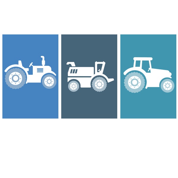 3 affiches tracteurs à la ferme sur fond bleu, chambre enfant, décoration garçon, illustration