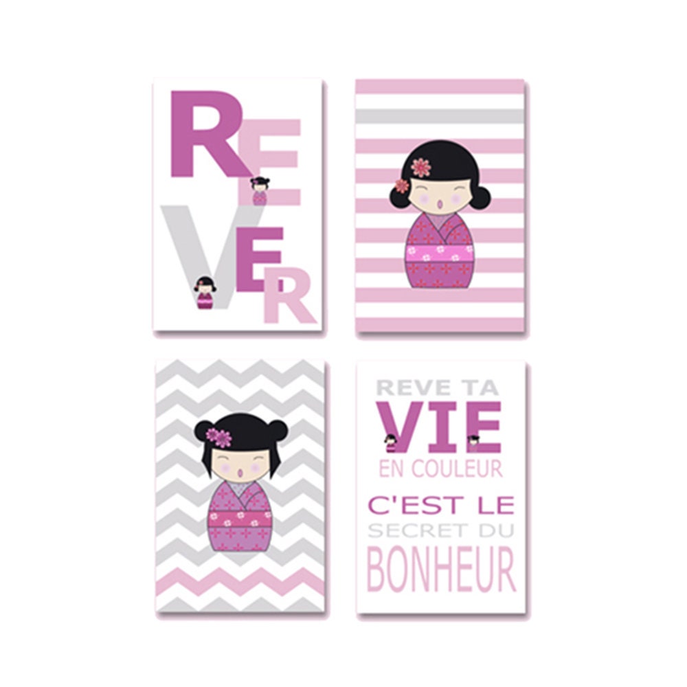 4 Affiches Fille Citations avec Kokeshi Pour Décoration Chambre d'enfant, Phrase