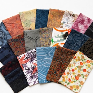 Vintage Kimono-Seidenreste | 20 Stücke Indigo, Rost & Creme | Patchwork, Slow Stitch, Textilkunst, Puppen, Japan-Paket
