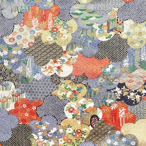 May include: A vibrant, patterned fabric featuring a collage of cloud-shaped designs. The design incorporates various textures and colors, including orange, blue, gold, and floral patterns. The overall aesthetic is reminiscent of traditional Japanese textiles.