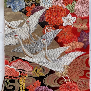 Panneau japonais vintage en brocart et soie, motif floral grue