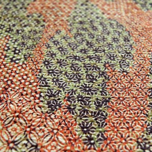 Può includere: Primo piano di un tessuto fantasia con un motivo floreale ripetuto. Il tessuto presenta un mix di colori, tra cui arancione, verde e viola scuro, creando un aspetto strutturato. Il motivo è intricato e dettagliato.