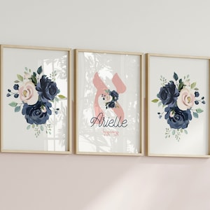Baby Girl Jewish Wall Art, baby naming, Hebrew Alphabet, Personalized Set of 3, Hebrew naming Print, Judaica Baby Art, navy peonies nursery
