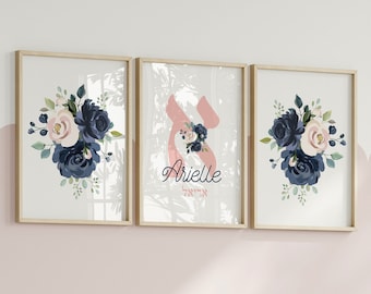 Baby Girl Jewish Wall Art, baby naming, Hebrew Alphabet, Personalized Set of 3, Hebrew naming Print, Judaica Baby Art, navy peonies nursery