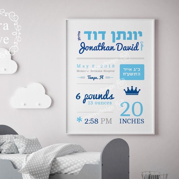 Baby Gift, Jewish Naming Certificate, Hebrew Name, Personalized birth announcement, Newborn Blessing, Jewish Nursery Wall Art, Welcome Baby