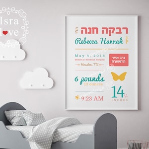 Baby Geschenk, Jüdisches Namenszertifikat, Jüdischer Name, Personalisierte Geburtsanzeige, NeugeborenenSegen, jüdisches Kinderzimmer Wandkunst, Willkommen Baby