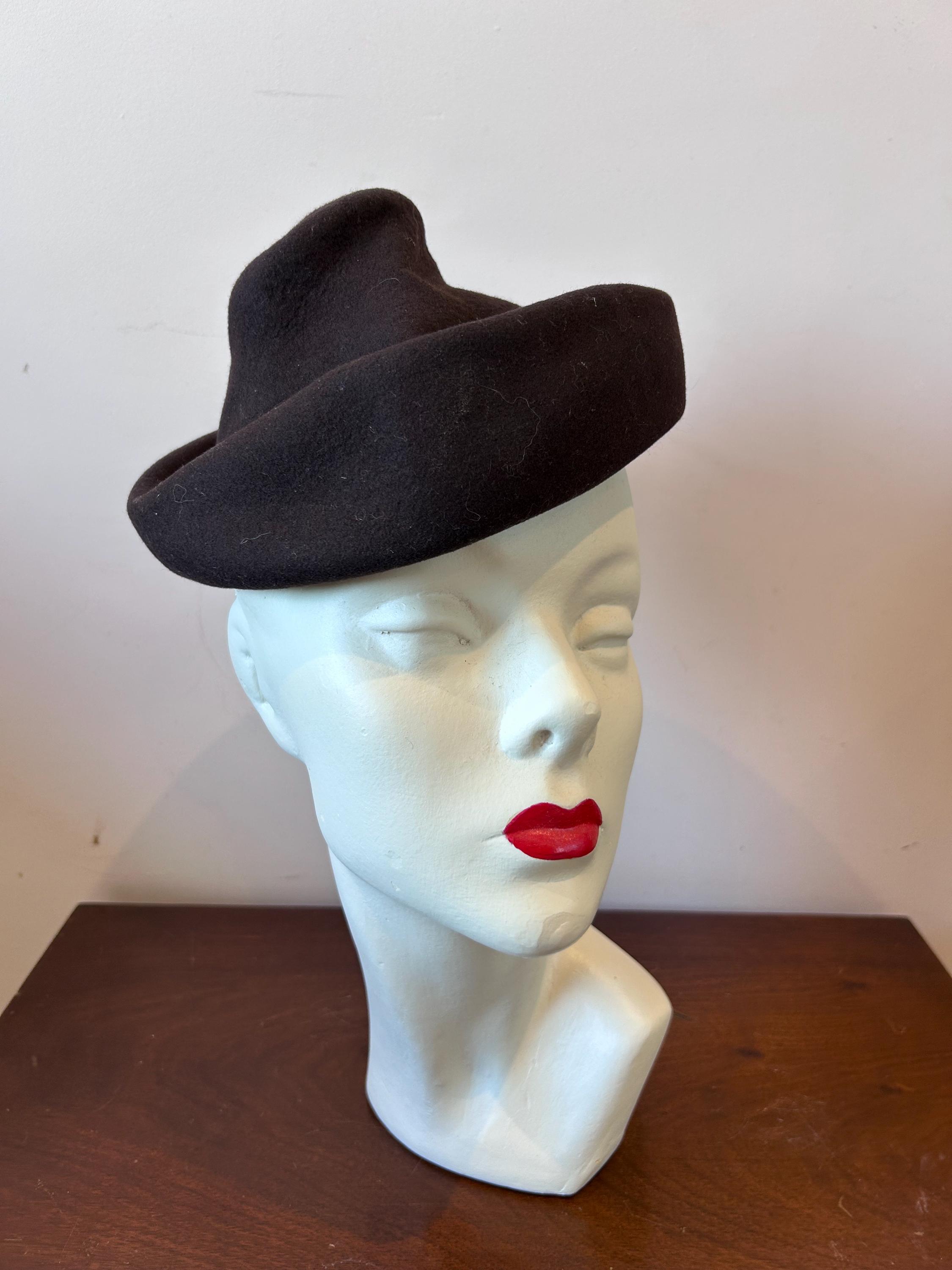 SALE 1940 Era Vintage Brown Felt Tilt Style Hat 1940 Era Tilt Hat Chocolate Brown Felt Taffeta Bows Chignon  main image 2