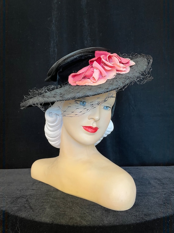1940s Fine Black Straw Hat With Pink Flower Trim - Etsy