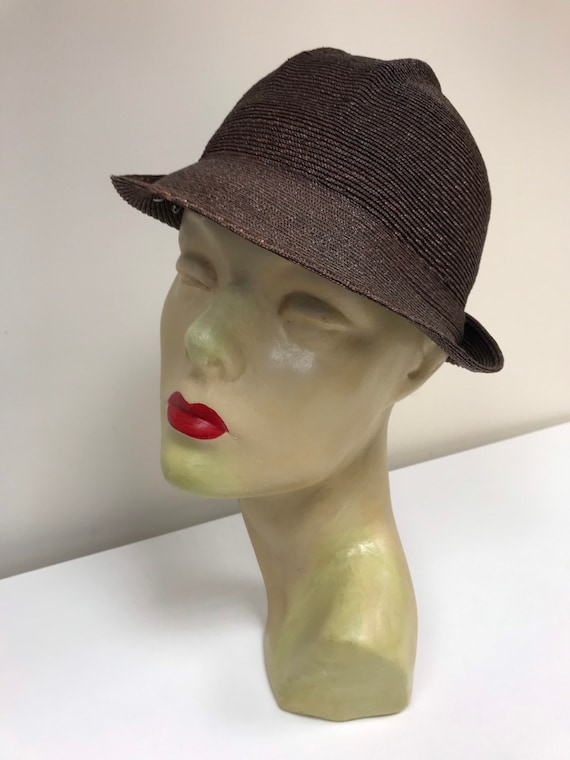 30s brown straw cloche hat size small