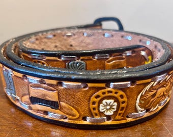 Vintage leather western cowboy belt size 44 cowboy boots horses horseshoes