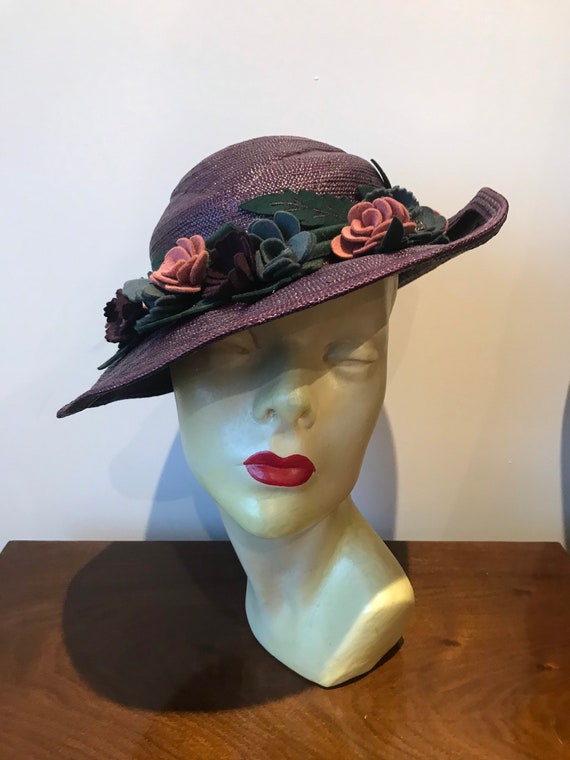 30s inspired burgundy straw felt flower hat