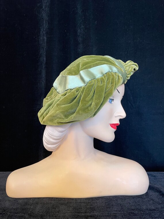 50s does 30s moss green velvet and satin tilt hat - image 7