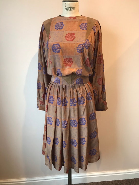 Early 1980s brown floral gold tone dress