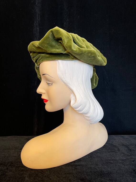 50s does 30s moss green velvet and satin tilt hat - image 3