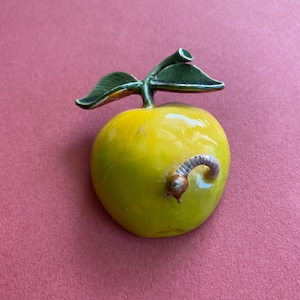 Vintage Brooch Yellow Apple with Worm Signed Original by Robert 1960s