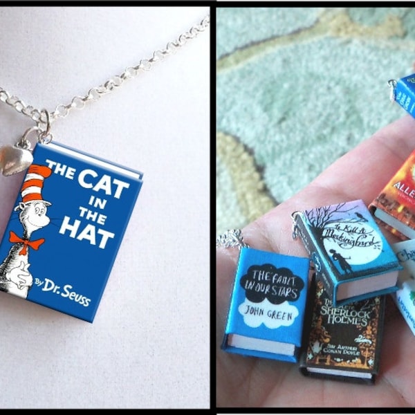 The Cat In The Hat with Tiny Heart Charm - Micro Mini Book Necklace