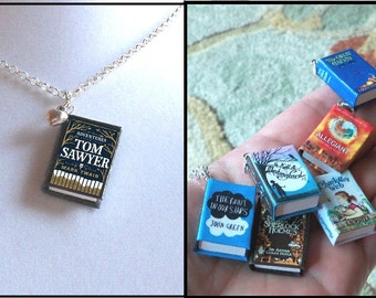 Tom Sawyer with Tiny Heart Charm -Micro Mini Book Necklace