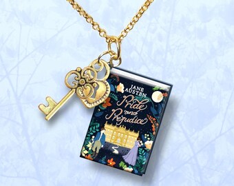 Pride And Prejudice - Flower Cover with Lock and Key Charms  and Gold Plated Chain- Miniature Book Necklace -