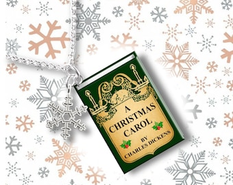 A Christmas Carol - Green Vintage Cover - with Your Choice of Charm - Miniature Book Necklace