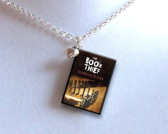 The Book Thief with Tiny Heart Charm - Miniature Book Necklace