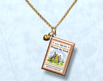 Winnie The Pooh -  with Your Choice of Charm  and Gold Plated Chain- Miniature Book Necklace -