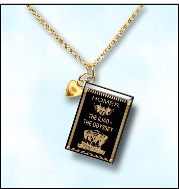 The Iliad and the Odyssey - with Tiny Gold Heart Charm and Gold Plated Chain- Miniature Book Necklace -