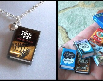The Book Thief with Tiny Heart Charm -Micro Mini Book Necklace