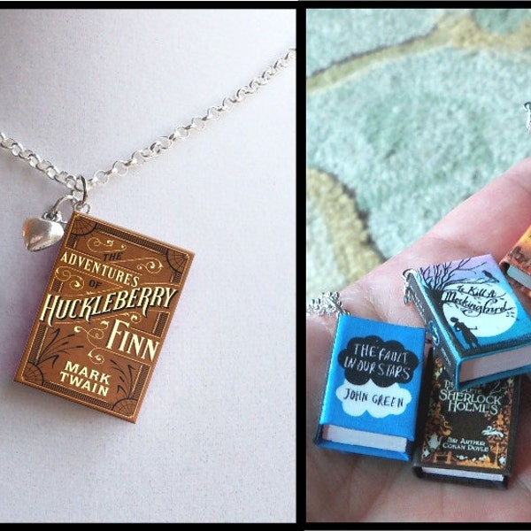 Huckleberry Finn with Tiny Heart Charm -Micro Mini Book Necklace