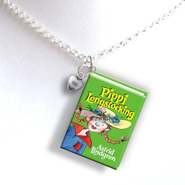 Pippi Longstocking with Tiny Heart Charm - Miniature Book Necklace