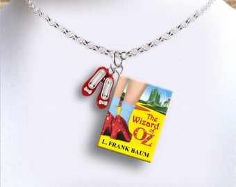 The Wizard Of OZ with Tiny Ruby Slippers Charm - Miniature Book Necklace - Style 2